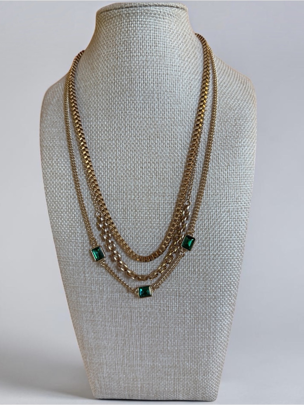 Nine West Gold Multi-Layer Chain Necklace with Emerald Green Stones